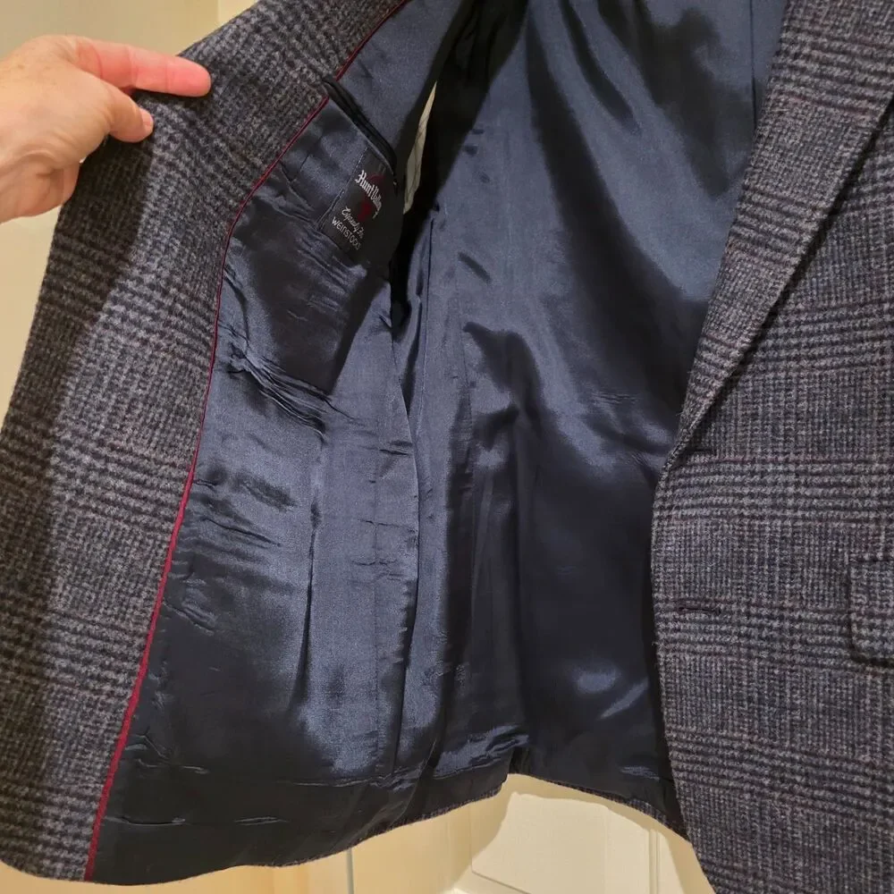 Vintage Hunt Valley Mens 42R Blazer Sport Coat Blue Plaid TWEED USA 2 button USA